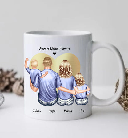 Muttertags- und Vatertagsgeschenk - Tasse personalisiert mit Mama, Papa & 2 Kindern