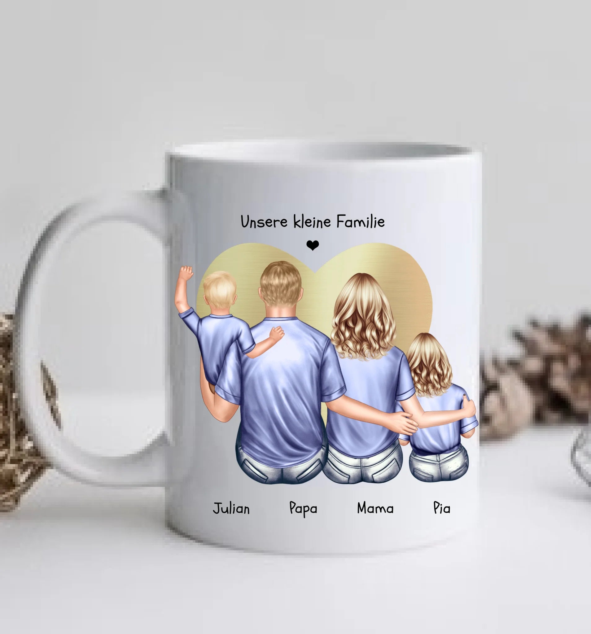 Muttertags- und Vatertagsgeschenk - Tasse personalisiert mit Mama, Papa & 2 Kindern