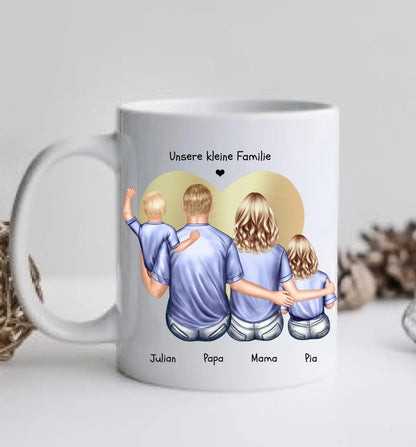 Muttertags- und Vatertagsgeschenk - Tasse personalisiert mit Mama, Papa & 2 Kindern