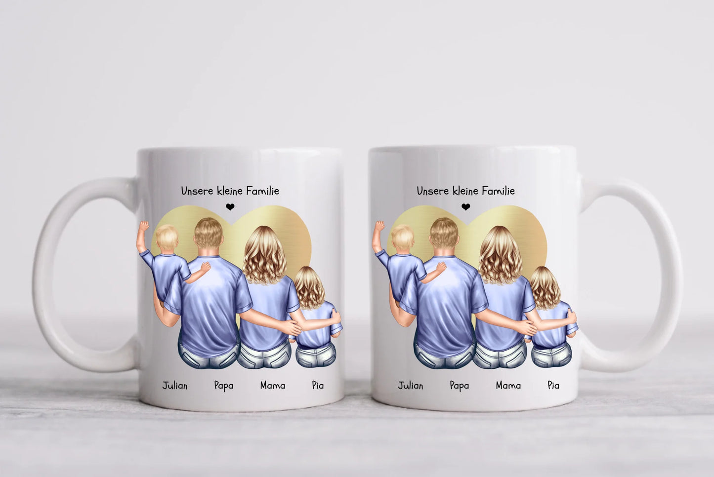 Muttertags- und Vatertagsgeschenk - Tasse personalisiert mit Mama, Papa & 2 Kindern