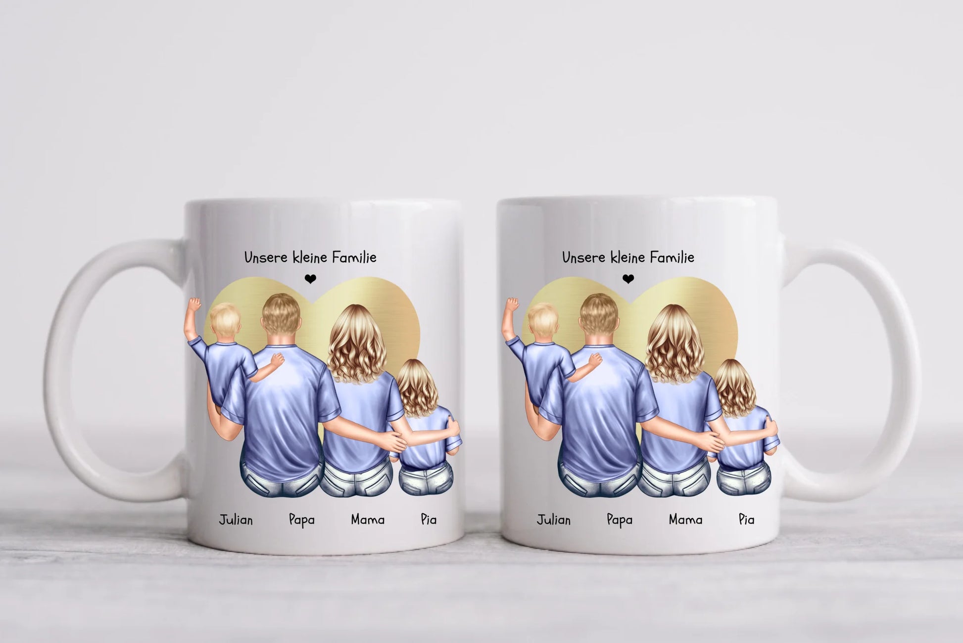 Muttertags- und Vatertagsgeschenk - Tasse personalisiert mit Mama, Papa & 2 Kindern