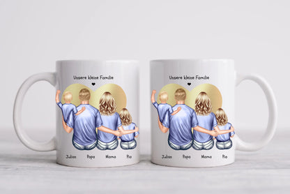 Muttertags- und Vatertagsgeschenk - Tasse personalisiert mit Mama, Papa & 2 Kindern