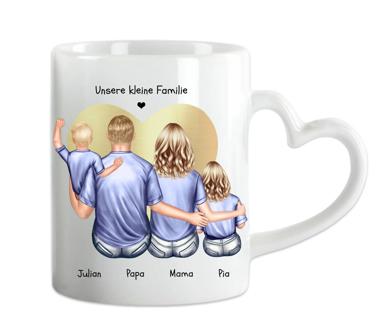 Muttertags- und Vatertagsgeschenk - Tasse personalisiert mit Mama, Papa & 2 Kindern Herzhenkeltasse Default Mug Classic - Panorama