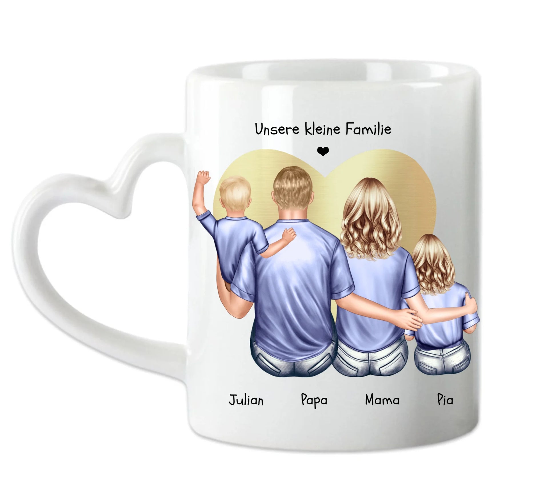 Muttertags- und Vatertagsgeschenk - Tasse personalisiert mit Mama, Papa & 2 Kindern