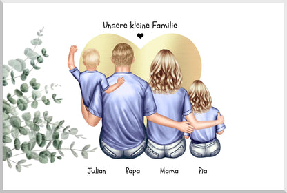 Personalisiertes Familienbild mit 2 Kindern- Geburtstagsgeschenk - Muttertagsgeschenk - Papa Vatertagsgeschenk Leinwanddruck Leinwandbild