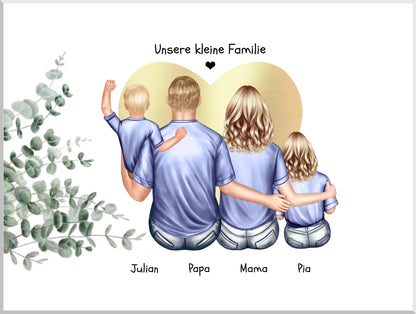 Personalisiertes Familienbild mit 2 Kindern- Geburtstagsgeschenk - Muttertagsgeschenk - Papa Vatertagsgeschenk Leinwanddruck Leinwandbild