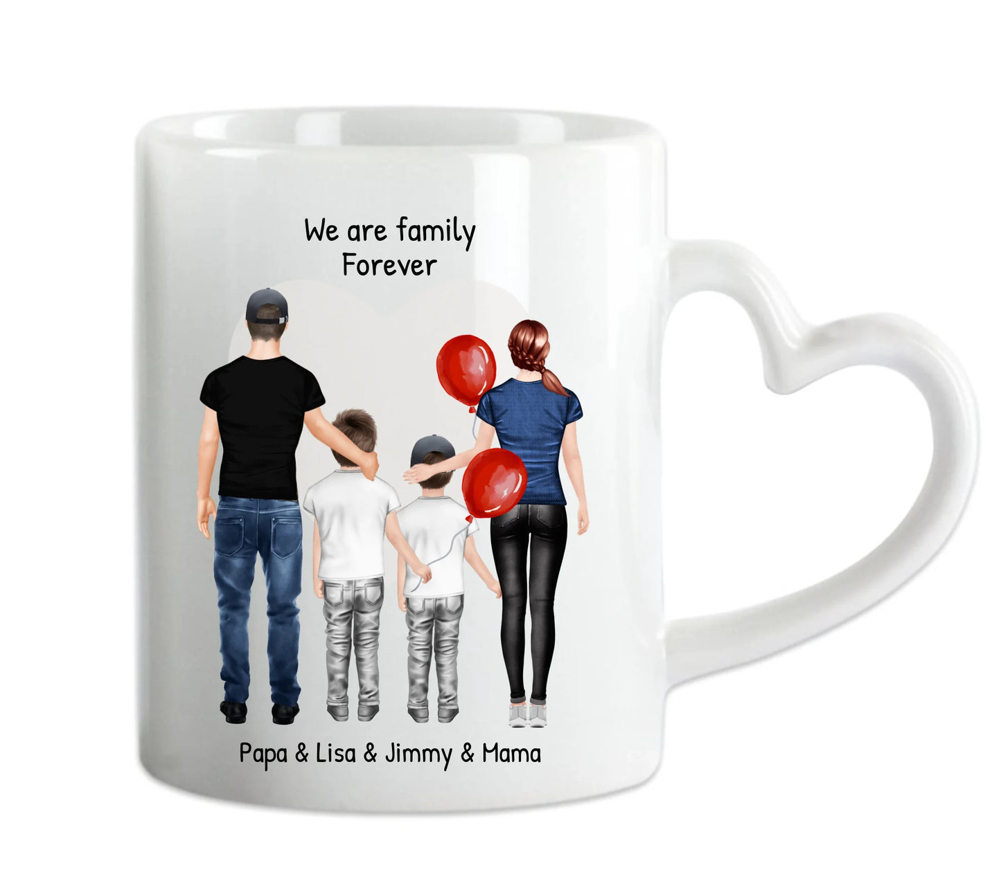Personalisierte Tasse mit Familie 2 Kinder | personalisierte Tasse Mama, Papa, 2 Kinder, Sohn oder Tochter | personalisiertes Geburtstagsgeschenk | Weihnachtsgeschenk Herzhenkeltasse Default Mug Classic - Panorama
