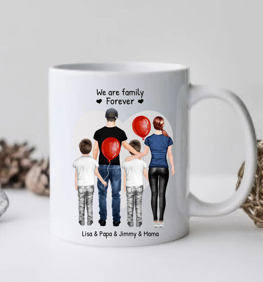 Personalisierte Tasse mit Familie 2 Kinder | Mama, Papa, 2 Kinder, Sohn oder Tochter | Geburtstagsgeschenk - Weihnachtsgeschenkidee Keramiktasse 330 ml Mug Classic - Panorama