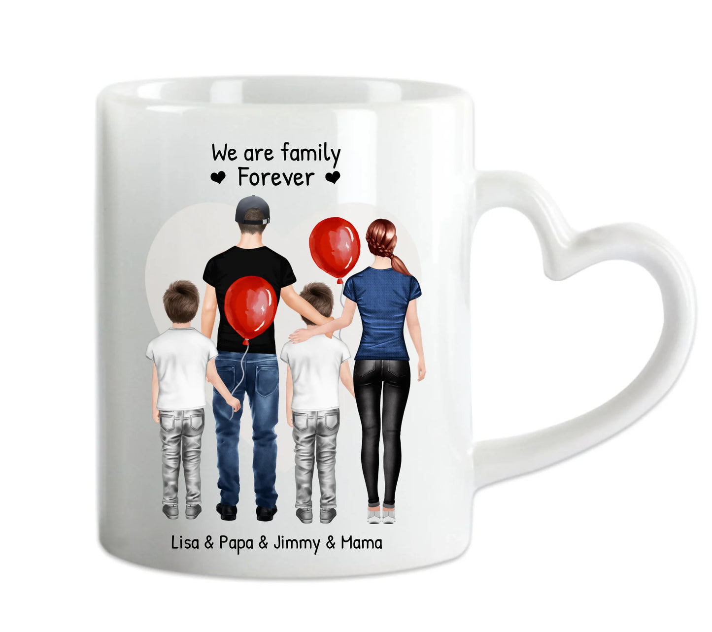Personalisierte Tasse mit Familie 2 Kinder | Mama, Papa, 2 Kinder, Sohn oder Tochter | Geburtstagsgeschenk - Weihnachtsgeschenkidee Herzhenkeltasse Default Mug Classic - Panorama