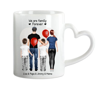 Personalisierte Tasse mit Familie 2 Kinder | Mama, Papa, 2 Kinder, Sohn oder Tochter | Geburtstagsgeschenk - Weihnachtsgeschenkidee Herzhenkeltasse Default Mug Classic - Panorama