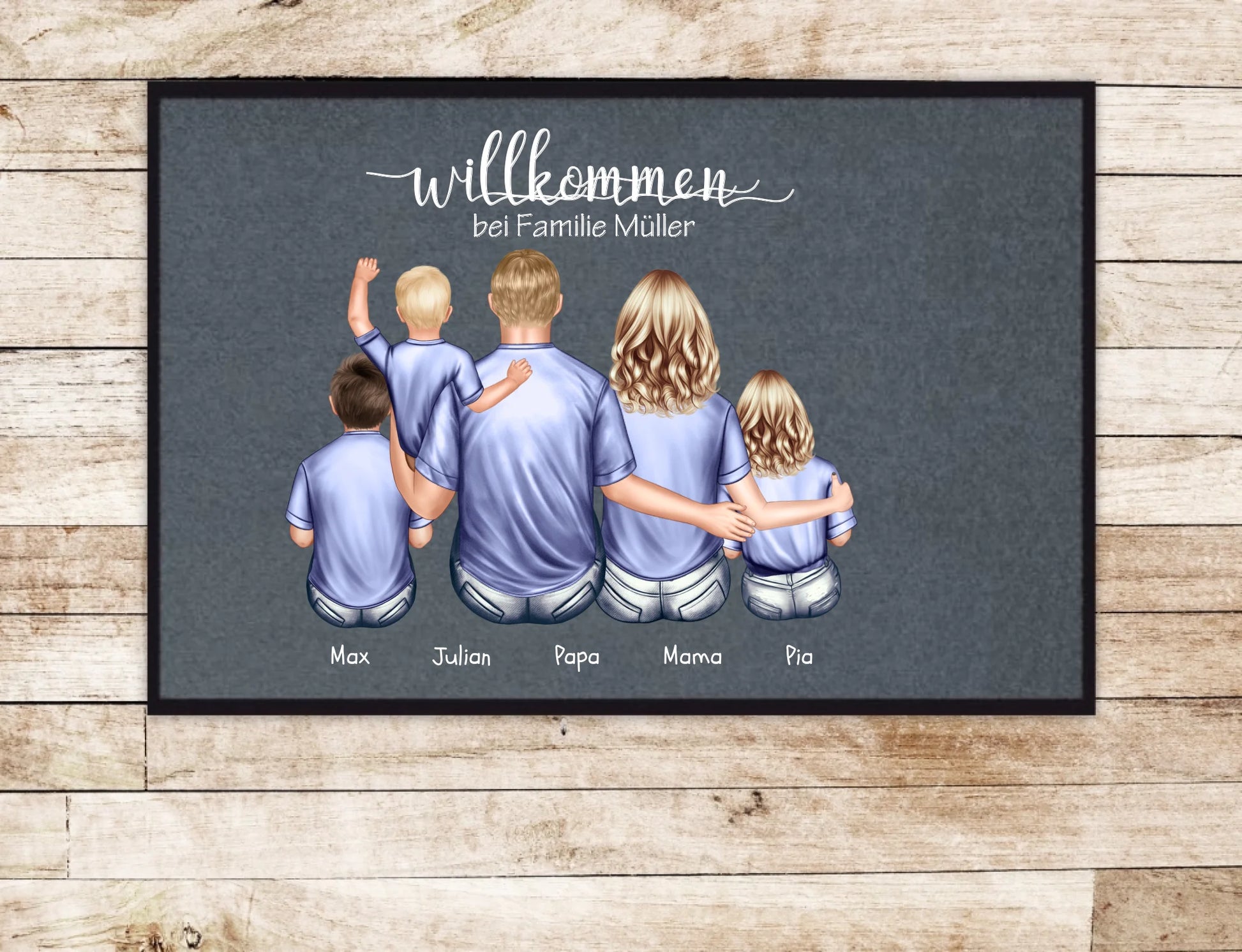 Geschenk Familie | Personalisierte Fußmatte Familie Mama | Papa, 3 Kindern mit Name | Dekofußmatte Fußmatte 60x40 + 70x50 cm mit Gummirand Grau - Lieferung DE & AU 60x40 cm