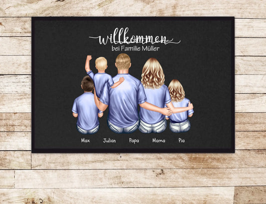 Geschenk Familie | Personalisierte Fußmatte Familie Mama | Papa, 3 Kindern mit Name | Dekofußmatte Fußmatte 60x40 + 70x50 cm mit Gummirand Schwarz - Lieferung DE & AU 60x40 cm
