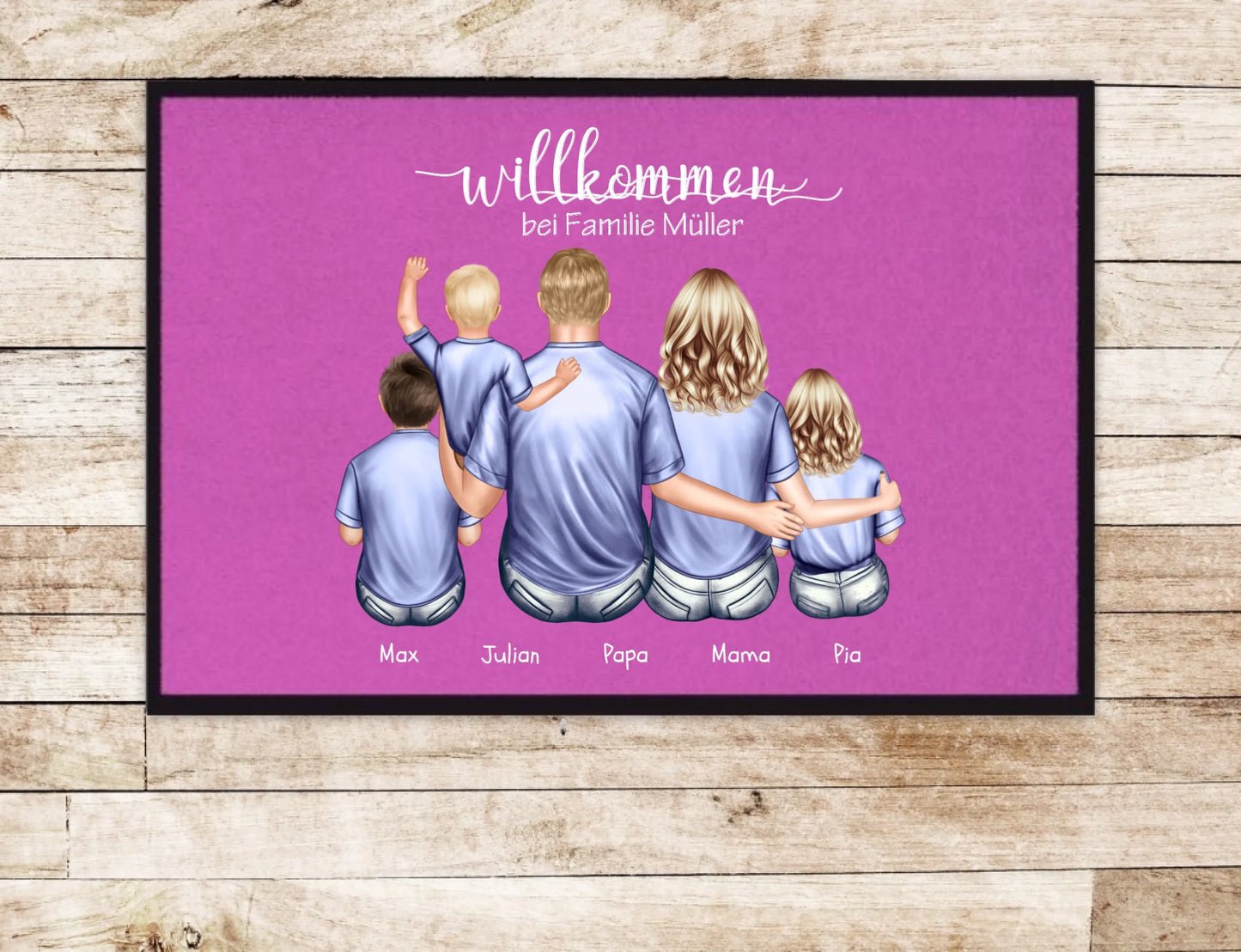 Geschenk Familie | Personalisierte Fußmatte Familie Mama | Papa, 3 Kindern mit Name | Dekofußmatte Fußmatte 60x40 + 70x50 cm mit Gummirand Pink - Lieferung DE & AU 60x40 cm