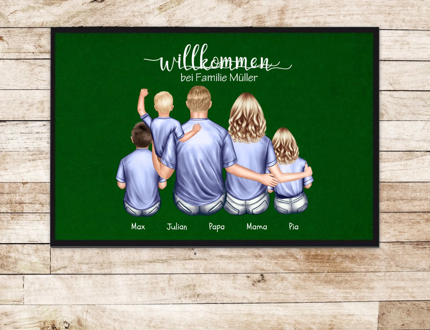 Geschenk Familie | Personalisierte Fußmatte Familie Mama | Papa, 3 Kindern mit Name | Dekofußmatte Fußmatte 60x40 + 70x50 cm mit Gummirand Grün - Lieferung DE & AU 60x40 cm