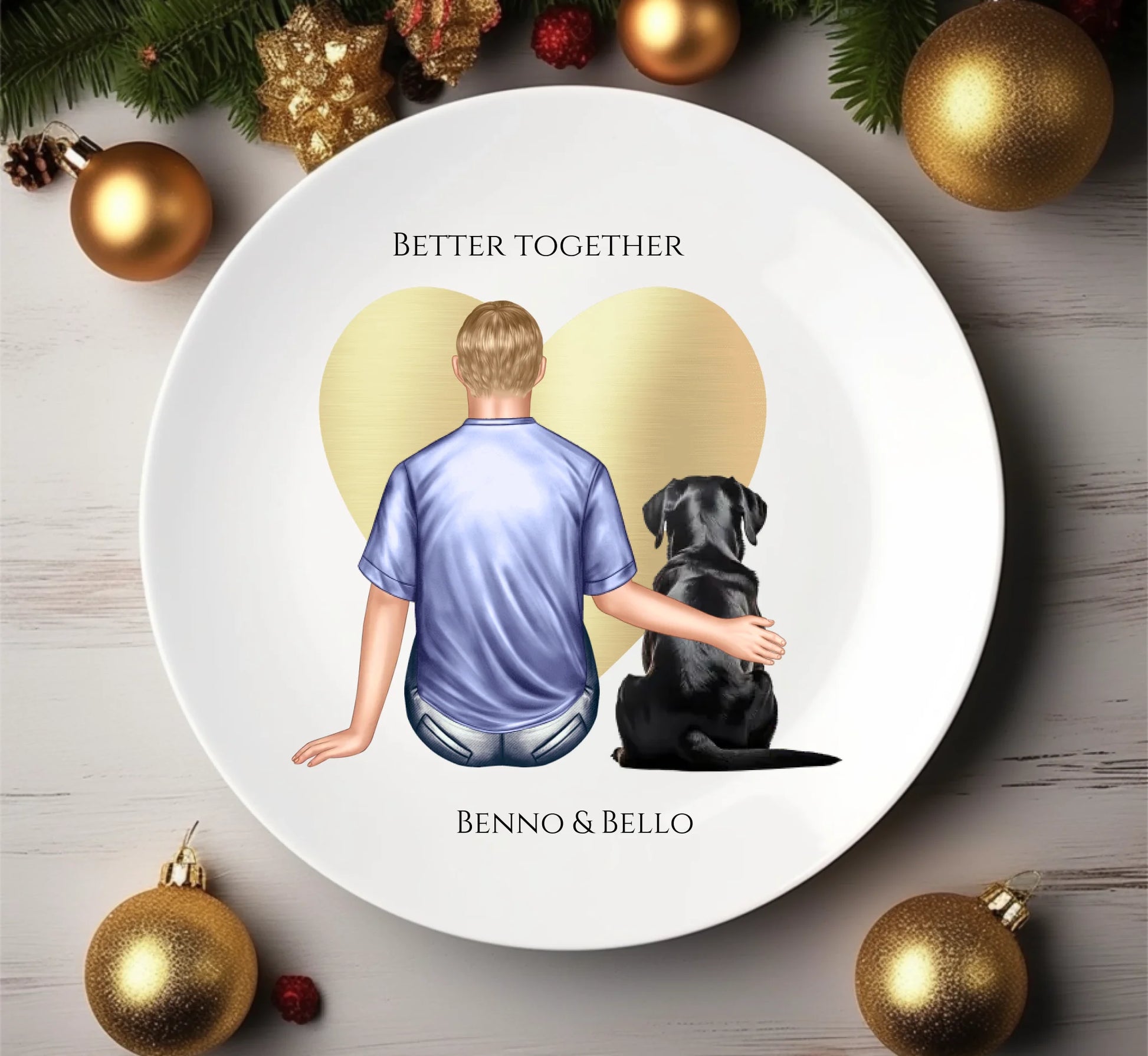 Geschenk Mann / Freund mit Hund - personalisierter Teller für Hundebesitzer mit Name - Geburtstagsgeschenk - Weihnachtsgeschenk Teller Melamin flacher Teller - nur innerhalb Deutschland lieferbar Durchmesser 23,5 cm - nur innerhalb Deutschland lieferbar