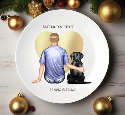 Geschenk Mann / Freund mit Hund - personalisierter Teller für Hundebesitzer mit Name - Geburtstagsgeschenk - Weihnachtsgeschenk Teller Melamin flacher Teller - nur innerhalb Deutschland lieferbar Durchmesser 23,5 cm - nur innerhalb Deutschland lieferbar