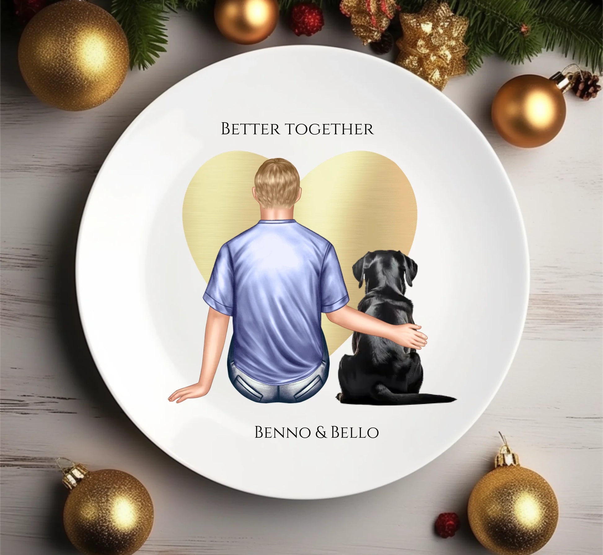 Geschenk Mann / Freund mit Hund - personalisierter Teller für Hundebesitzer mit Name - Geburtstagsgeschenk - Weihnachtsgeschenk