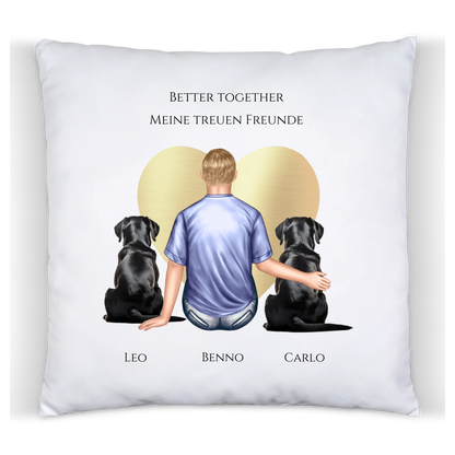 Personalisiertes Geschenk Mann/ Freund mit 2 Hunden Deko Kissen - Geburtstagsgeschenk personalisiert Geschenk Hundebesitzer Weihnachtsgeschenk Satinkissen Satinkissen 40x40cm