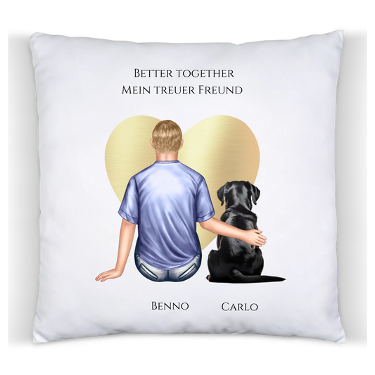 Geschenk Hundebesitzer personalisiert Mann / Junge mit Hund Deko Kissen - Geburtstagsgeschenk Weihnachtsgeschenk Satinkissen Satinkissen 40x40cm