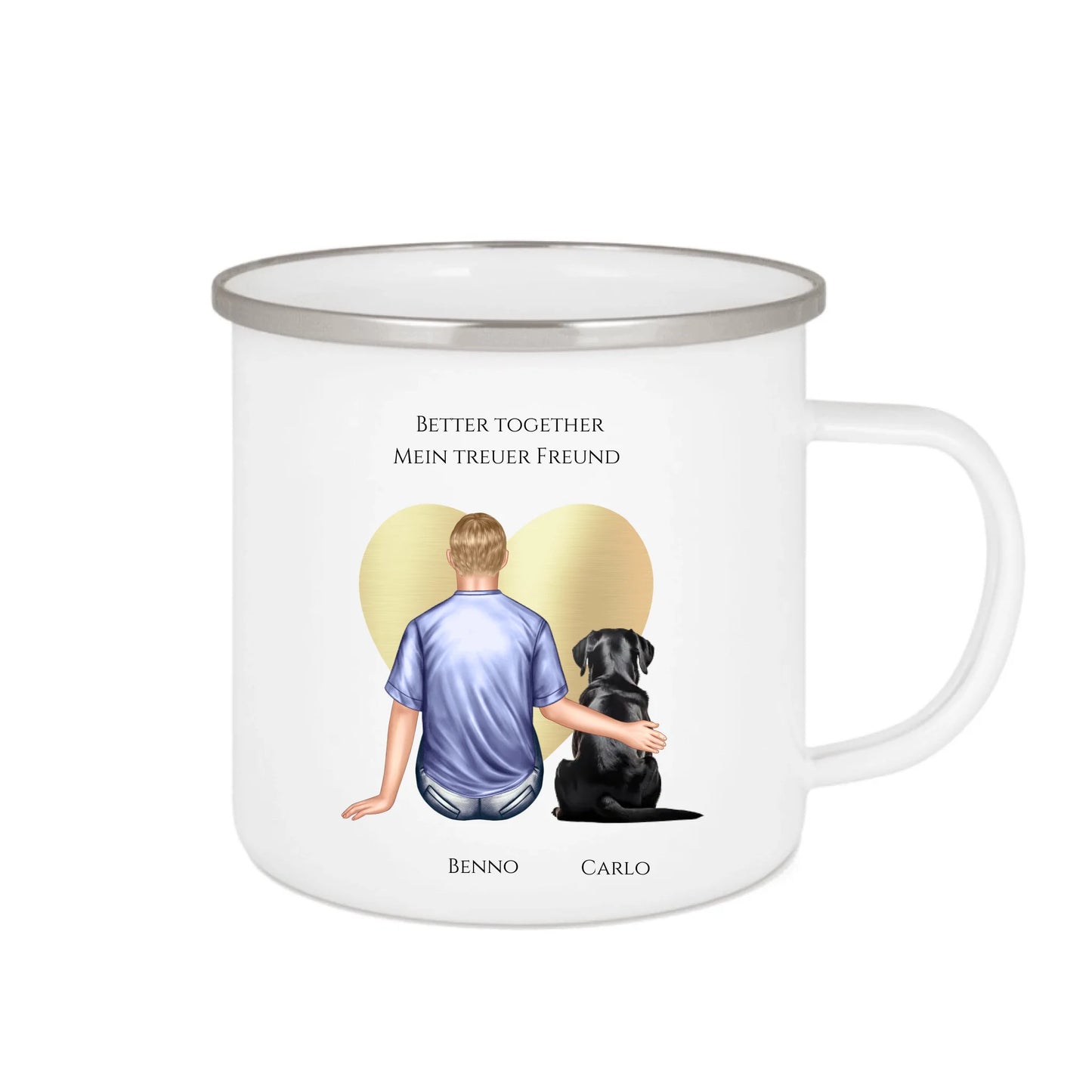 Geschenk Freund, Mann / Junge mit Hund Emaille Tasse Geburtstagsgeschenk Hundebesitzer Weihnachtsgeschenk Emailletasse Weiß 375 ml