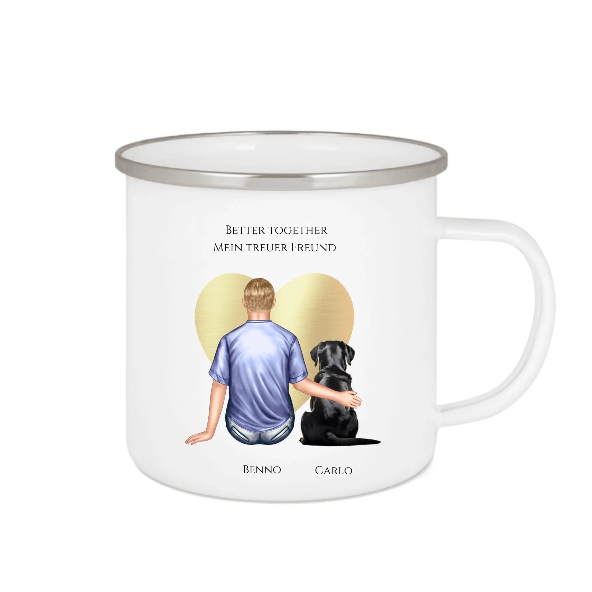Geschenk Freund, Mann / Junge mit Hund Emaille Tasse Geburtstagsgeschenk Hundebesitzer Weihnachtsgeschenk Emailletasse Weiß 375 ml