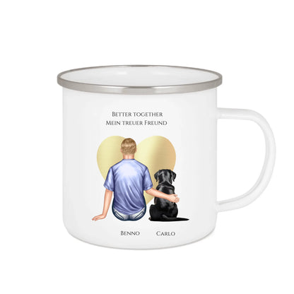 Geschenk Freund, Mann / Junge mit Hund Emaille Tasse Geburtstagsgeschenk Hundebesitzer Weihnachtsgeschenk Emailletasse Weiß 375 ml