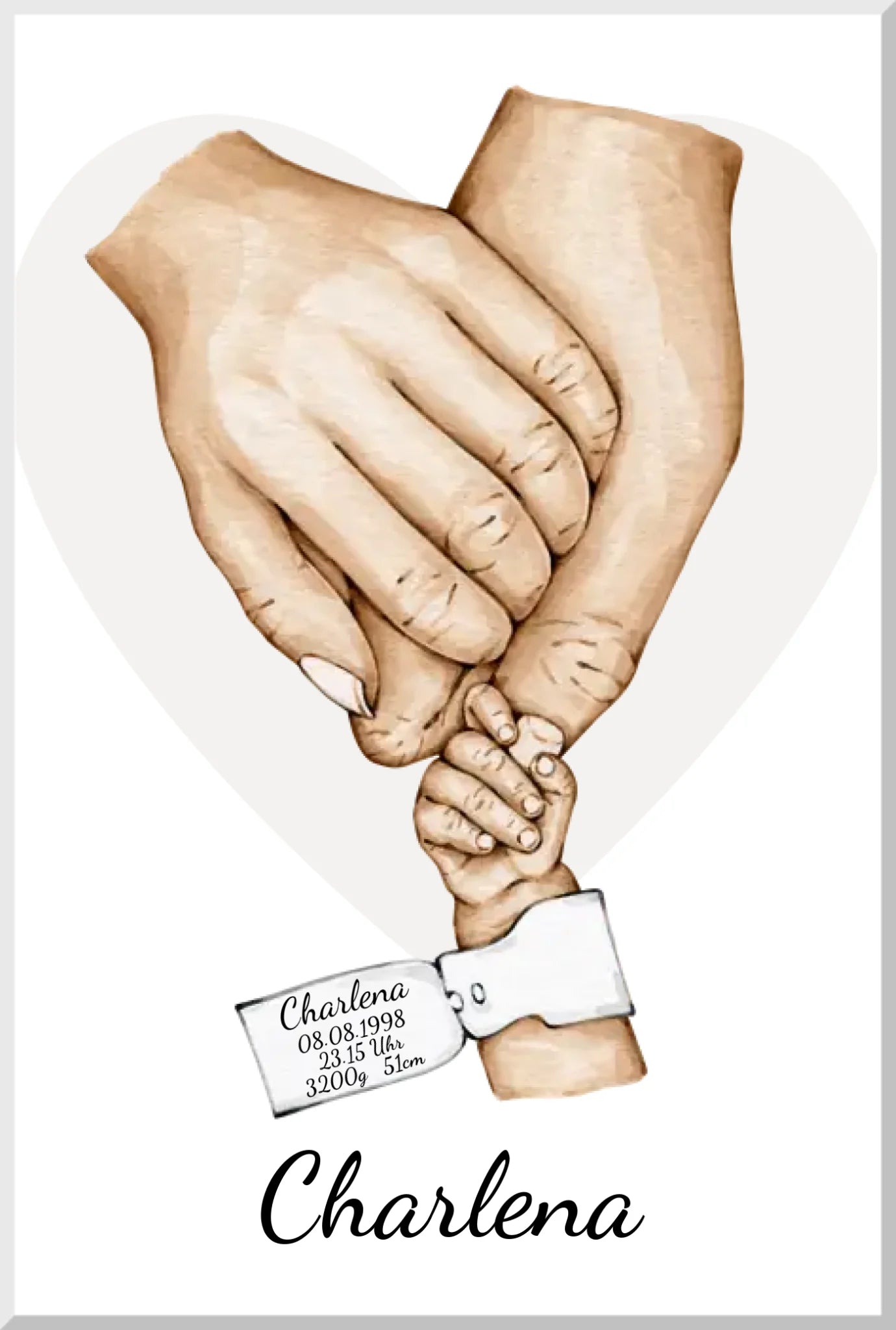 Geburtsanzeige Baby mit Namen und Datum | Personalisiertes Geschenk zur Geburt | Taufgeschenk | Geschenk Geburt mit Hände Motiv Leinwanddruck Leinwandbild