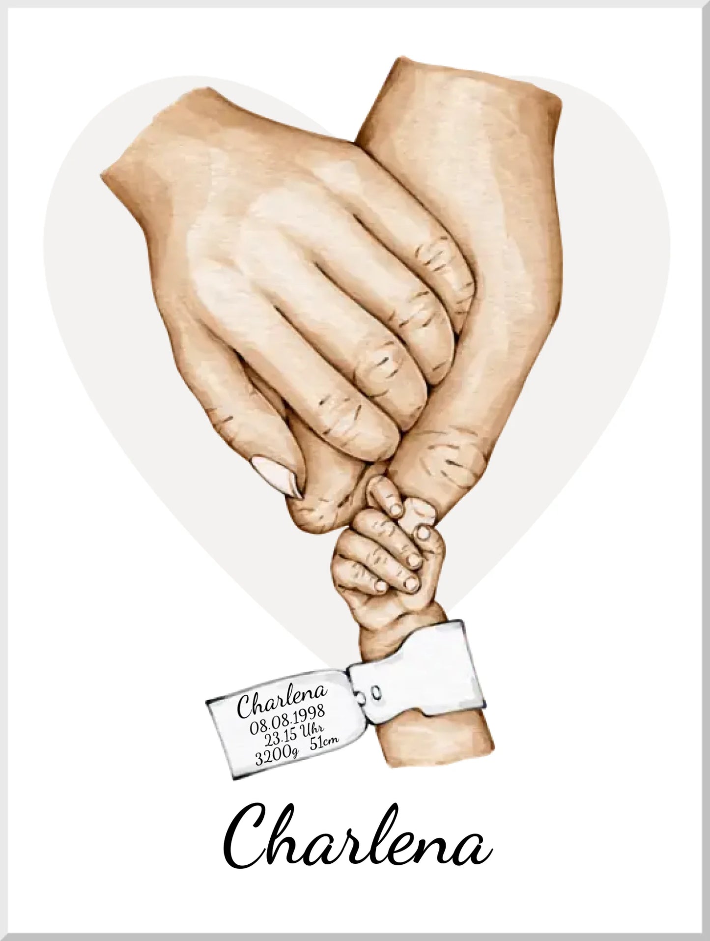 Geburtsanzeige Baby mit Namen und Datum | Personalisiertes Geschenk zur Geburt | Taufgeschenk | Geschenk Geburt mit Hände Motiv Leinwanddruck Leinwandbild