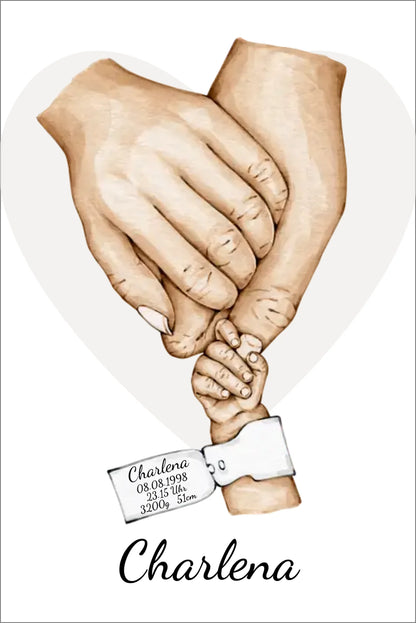 Geburtsanzeige Baby mit Namen und Datum | Personalisiertes Geschenk zur Geburt | Taufgeschenk | Geschenk Geburt mit Hände Motiv Photoboard