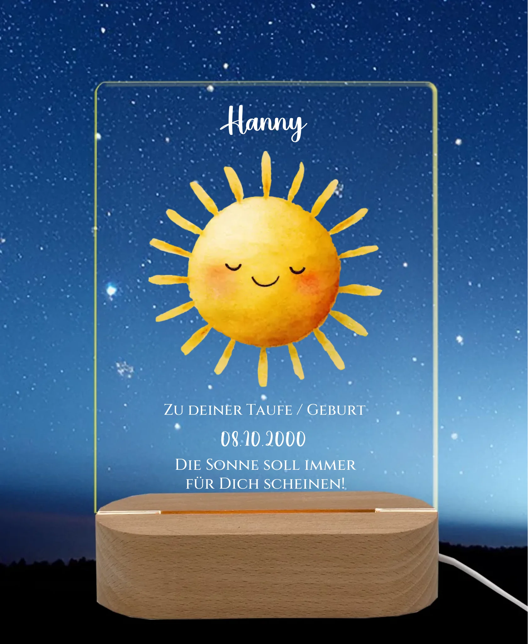 Zur Taufe Taufgeschenk / Geburtsgeschenk - Personalisiertes Baby & Kinder - LED Nachtlicht SONNE LED-Nachtlicht für Erwachsene & Kinder rechteckig Transparent