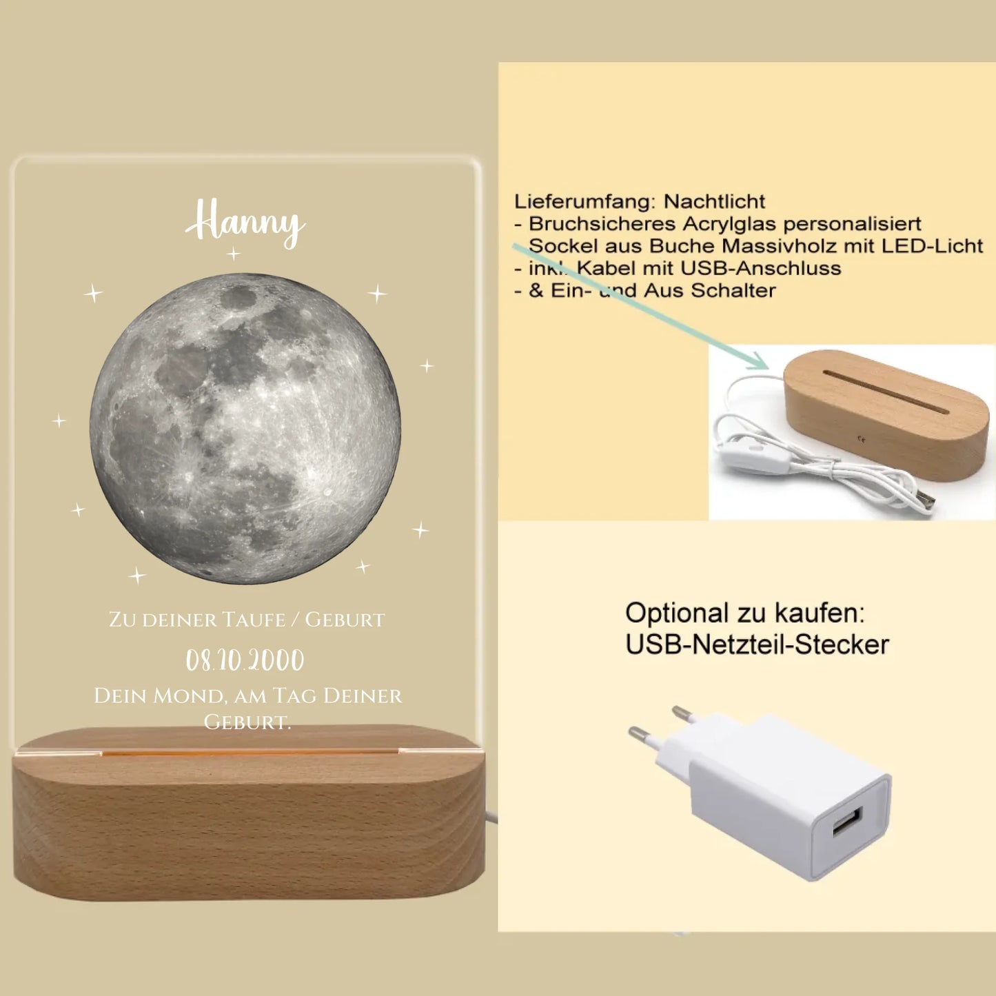 Zur Taufe Taufgeschenk / Geburtsgeschenk - Personalisiertes Baby & Kinder - LED Nachtlicht DEIN MOND