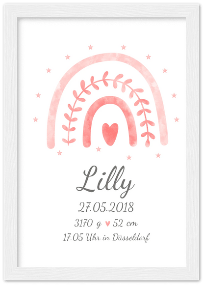 Personalisiertes Poster Geschenk zur Geburt & Taufe | Geburtsanzeige & Taufgeschenk Regenbogen Premium Matte Paper Wooden Framed Poster - White - Vertical Gerahmtes Poster A4 21x29.7 cm