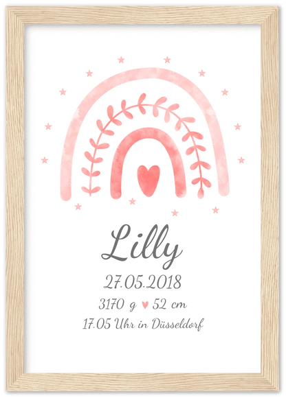 Personalisiertes Poster Geschenk zur Geburt & Taufe | Geburtsanzeige & Taufgeschenk Regenbogen Premium Matte Paper Wooden Framed Poster - Wood - Vertical Gerahmtes Poster A4 21x29.7 cm