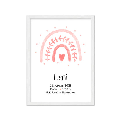 Personalisiertes Babygeschenk zur Geburt & Taufe mit Regenbogen, Geburtdaten oder Taufdaten - Taufgeschenk Geschenkidee Gerahmtes Poster weiß Holzflair Weiß