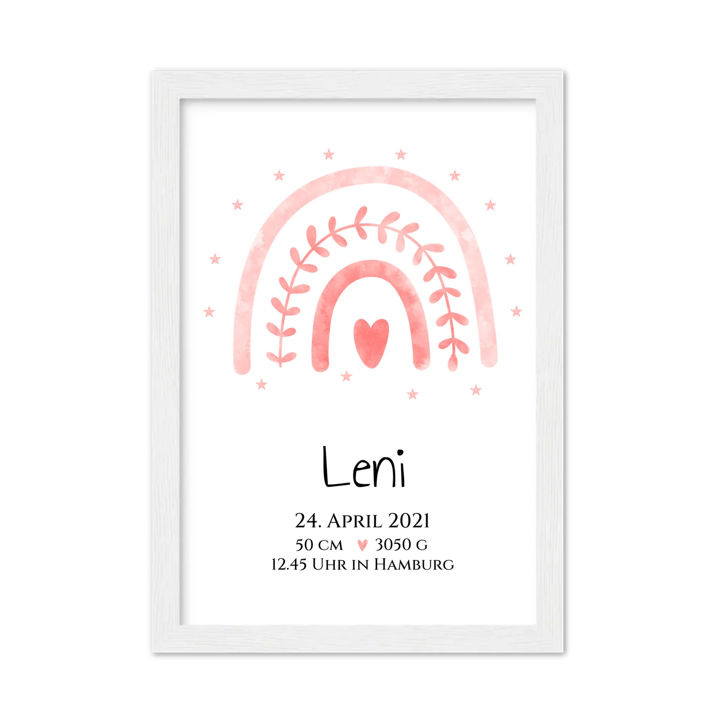 Personalisiertes Babygeschenk zur Geburt & Taufe mit Regenbogen, Geburtdaten oder Taufdaten - Taufgeschenk Geschenkidee Gerahmtes Poster weiß Holzflair Weiß