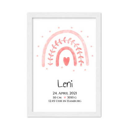 Personalisiertes Babygeschenk zur Geburt & Taufe mit Regenbogen, Geburtdaten oder Taufdaten - Taufgeschenk Geschenkidee Gerahmtes Poster weiß Holzflair Weiß