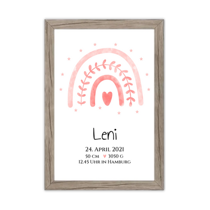 Personalisiertes Babygeschenk zur Geburt & Taufe mit Regenbogen, Geburtdaten oder Taufdaten - Taufgeschenk Geschenkidee Gerahmtes Poster Eichenflair Eichenflair