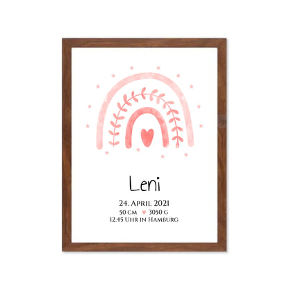 Personalisiertes Babygeschenk zur Geburt & Taufe mit Regenbogen, Geburtdaten oder Taufdaten - Taufgeschenk Geschenkidee Gerahmtes Poster Walnussflair Walnussflair