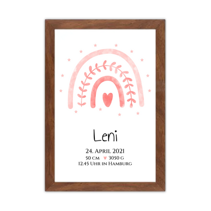 Personalisiertes Babygeschenk zur Geburt & Taufe mit Regenbogen, Geburtdaten oder Taufdaten - Taufgeschenk Geschenkidee Gerahmtes Poster Walnussflair Walnussflair