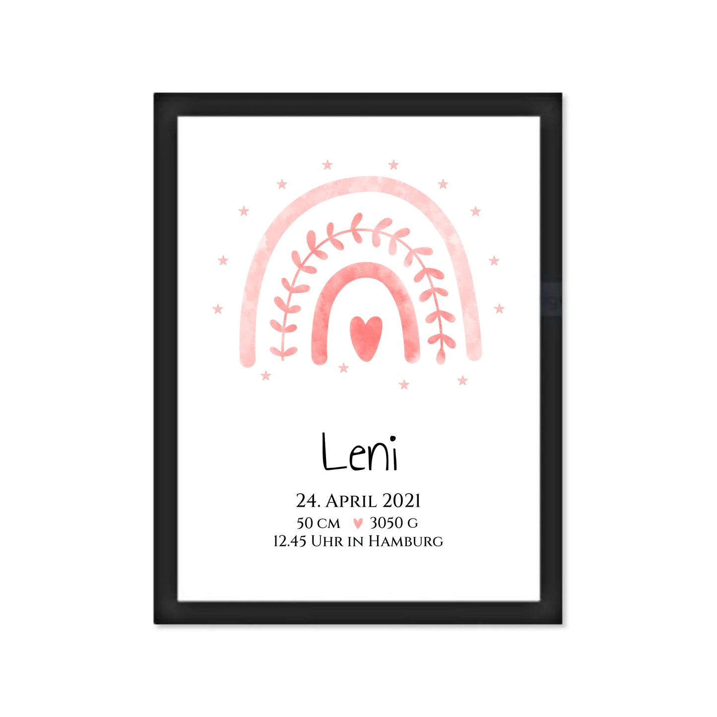 Personalisiertes Babygeschenk zur Geburt & Taufe mit Regenbogen, Geburtdaten oder Taufdaten - Taufgeschenk Geschenkidee Gerahmtes Poster schwarz Holzflair Schwarz