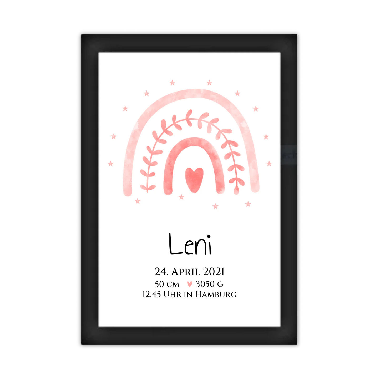 Personalisiertes Babygeschenk zur Geburt & Taufe mit Regenbogen, Geburtdaten oder Taufdaten - Taufgeschenk Geschenkidee Gerahmtes Poster schwarz Holzflair Schwarz