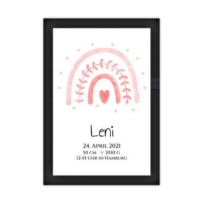 Personalisiertes Babygeschenk zur Geburt & Taufe mit Regenbogen, Geburtdaten oder Taufdaten - Taufgeschenk Geschenkidee Gerahmtes Poster schwarz Holzflair Schwarz