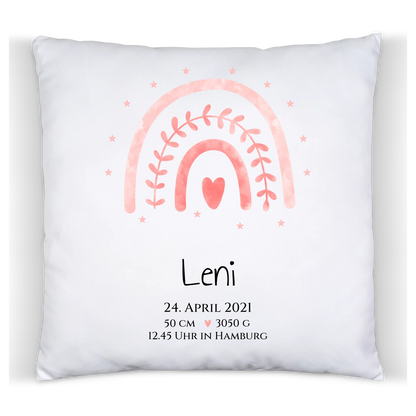 Personalisiertes Babygeschenk zur Geburt & Taufe mit Regenbogen, Geburtdaten oder Taufdaten - Taufgeschenk Geschenkidee Premium Kissen (Plüschoberfläche) Premium Kissen