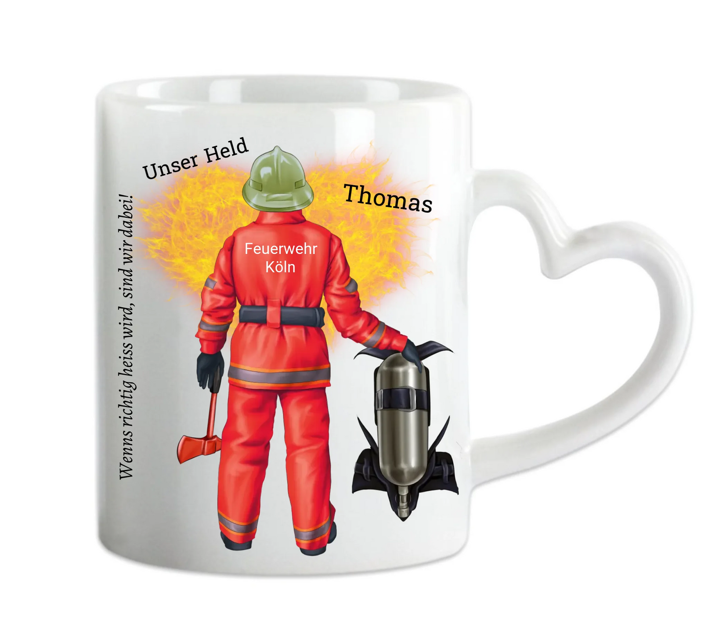 Personalisierte Feuerwehr Tasse mit Namen & Spruch – Geschenk für Kollegen & Feuerwehrmann Herzhenkeltasse Default Mug Classic - Panorama