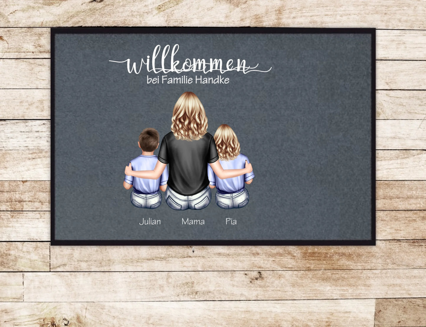 Personalisierte Deko Fußmatte Geschenk Mutter mit 2 Kindern Jungen oder Mädchen | Einzugsgeschenk Fußmatte 60x40 + 70x50 cm mit Gummirand Grau - Lieferung DE & AU 60x40 cm