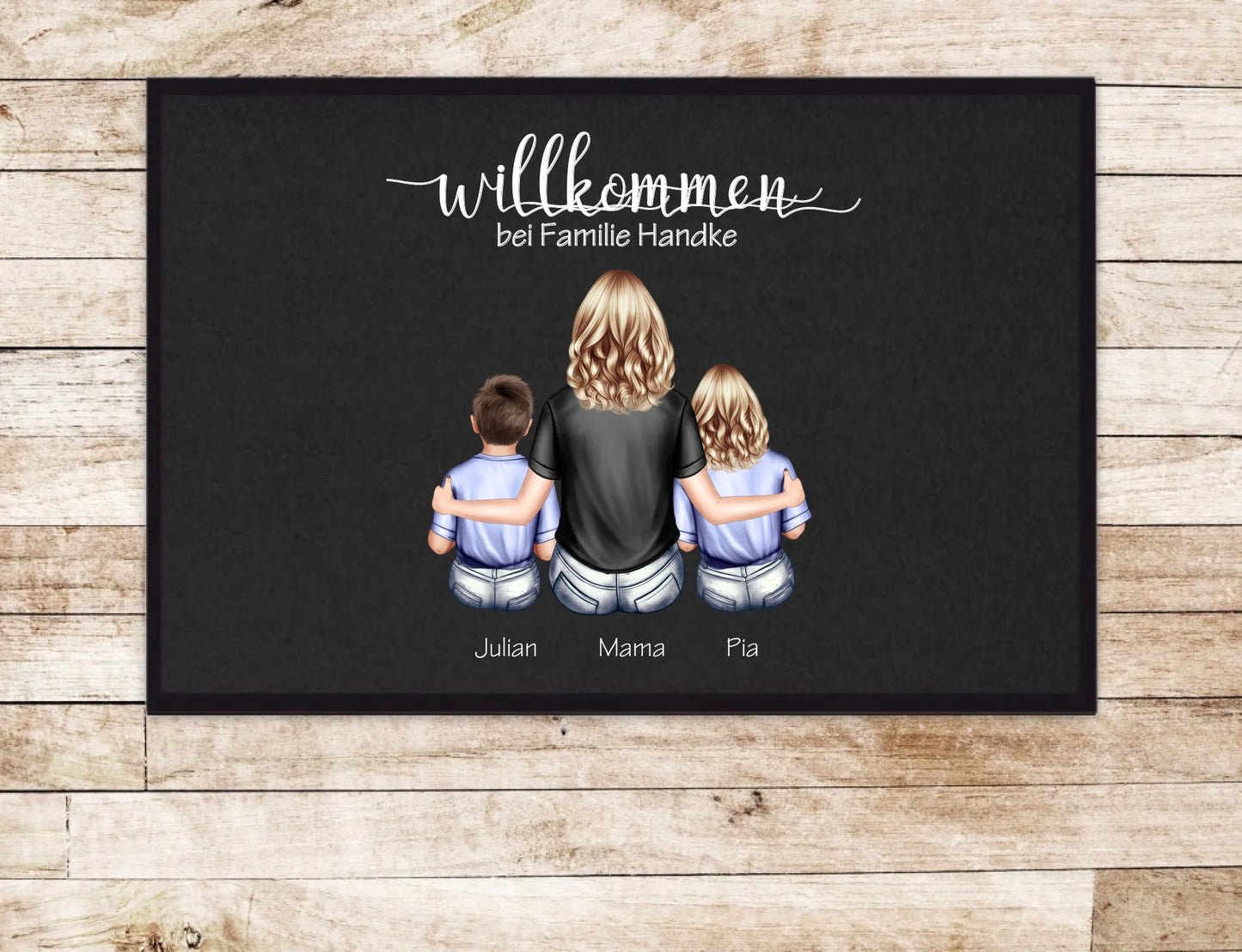 Personalisierte Deko Fußmatte Geschenk Mutter mit 2 Kindern Jungen oder Mädchen | Einzugsgeschenk Fußmatte 60x40 + 70x50 cm mit Gummirand Schwarz - Lieferung DE & AU 60x40 cm