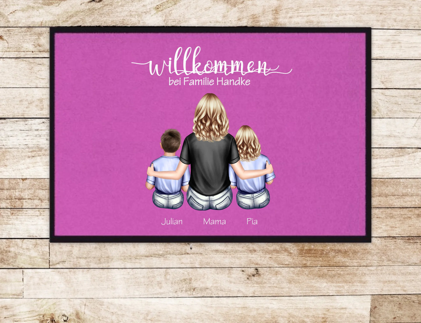 Personalisierte Deko Fußmatte Geschenk Mutter mit 2 Kindern Jungen oder Mädchen | Einzugsgeschenk Fußmatte 60x40 + 70x50 cm mit Gummirand Pink - Lieferung DE & AU 60x40 cm