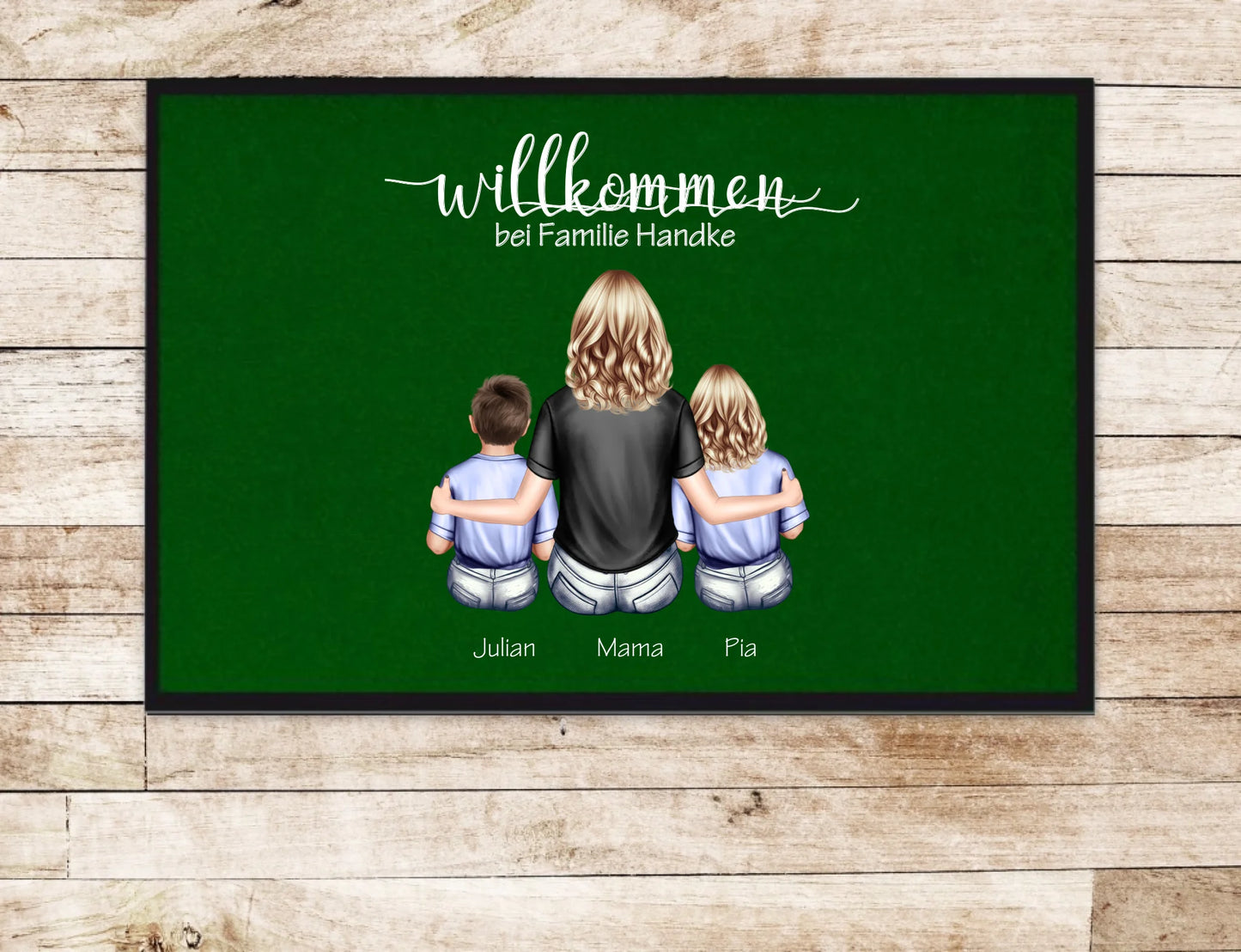 Personalisierte Deko Fußmatte Geschenk Mutter mit 2 Kindern Jungen oder Mädchen | Einzugsgeschenk Fußmatte 60x40 + 70x50 cm mit Gummirand Grün - Lieferung DE & AU 60x40 cm