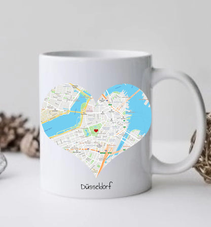 Hochzeitsgeschenk Personalisierte Tasse mit Herz - Wo alles begann - 1 Ort - Kennenlernorte