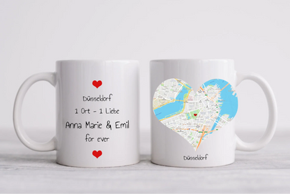 Hochzeitsgeschenk Personalisierte Tasse mit Herz - Wo alles begann - 1 Ort - Kennenlernorte